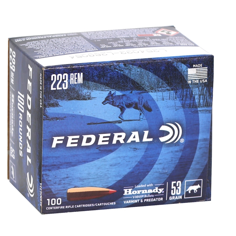 Federal Varmint & Predator 223 Ammo 53 Grain Hornady V-Max Ammo - V223VM53B Box Of 100 V223VM53B Box Of 100 Ammo