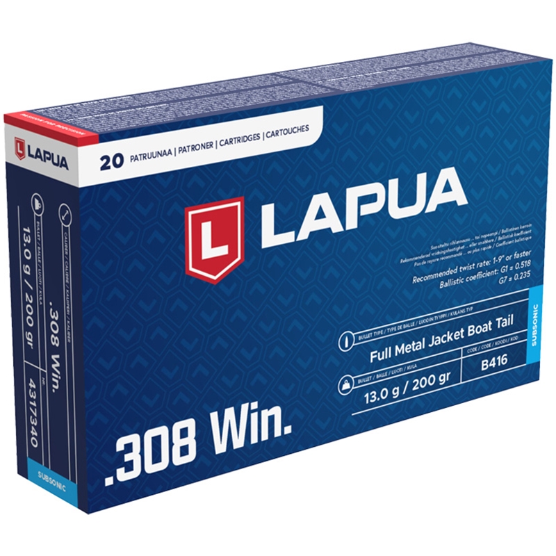 Lapua 308 Winchester Ammo 200 Grain Subsonic FMJBT Box Of 20 ua 308 Winchester 200 Grain Subsonic FMJBT Box Of 20 Ammo