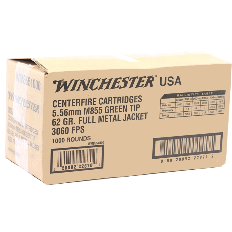 Winchester USA 5.56mm M855 NATO Ammo 62 Grain Green Tip FMJ 1000 Rounds Case Of 1000 (1 Boxes Of 1000) Ammo - Bulk Free Shipping Bulk Free Shipping Ammo