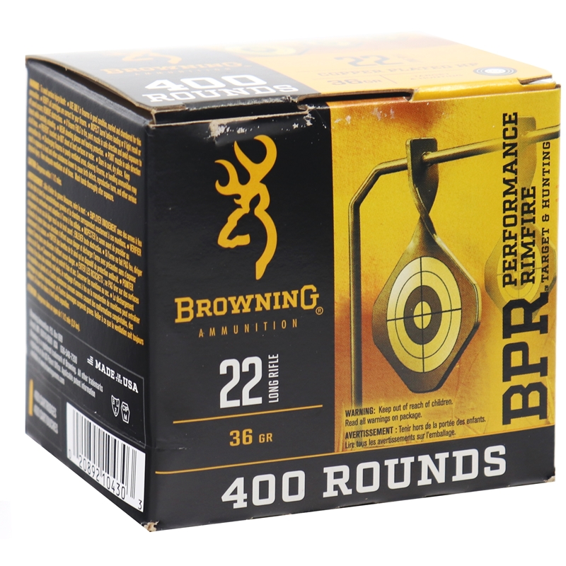 Browning BPR Performance 22 Long Rifle Ammo 36 Copper Plated Hollow Point Box Of 400 wning BPR Performance 22 Long Rifle 36 Copper Plated Hollow Point Box Of 400 Ammo