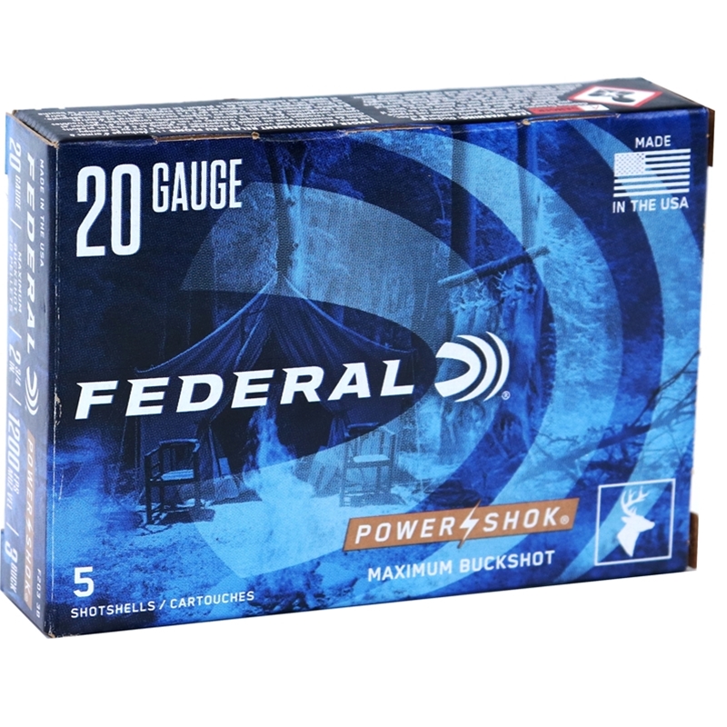 Federal Power-Shok 20 Gauge Ammo 2-3/4 20 Pellets #3 Buckshot Ammo - F203 3B Box Of 5 F203 3B Box Of 5 Ammo