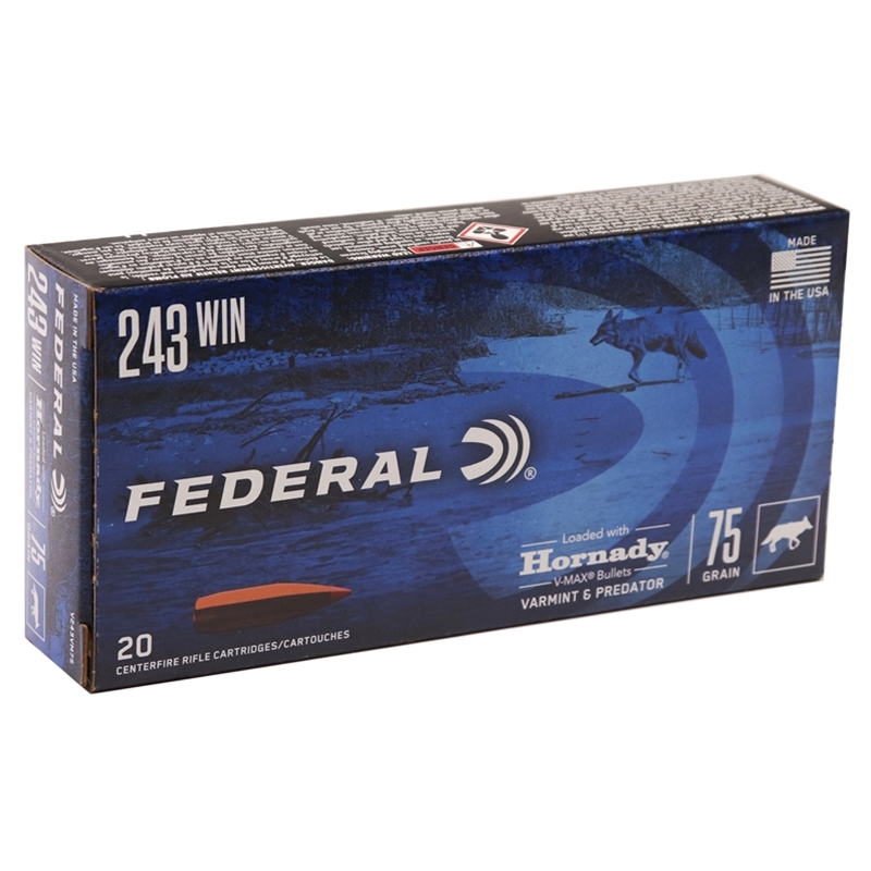Federal Varmint & Predator 243 Winchester Ammo 75 Grain Hornady V-Max Box Of 20 eral Varmint & Predator 243 Winchester 75 Grain Hornady V-Max Box Of 20 Ammo