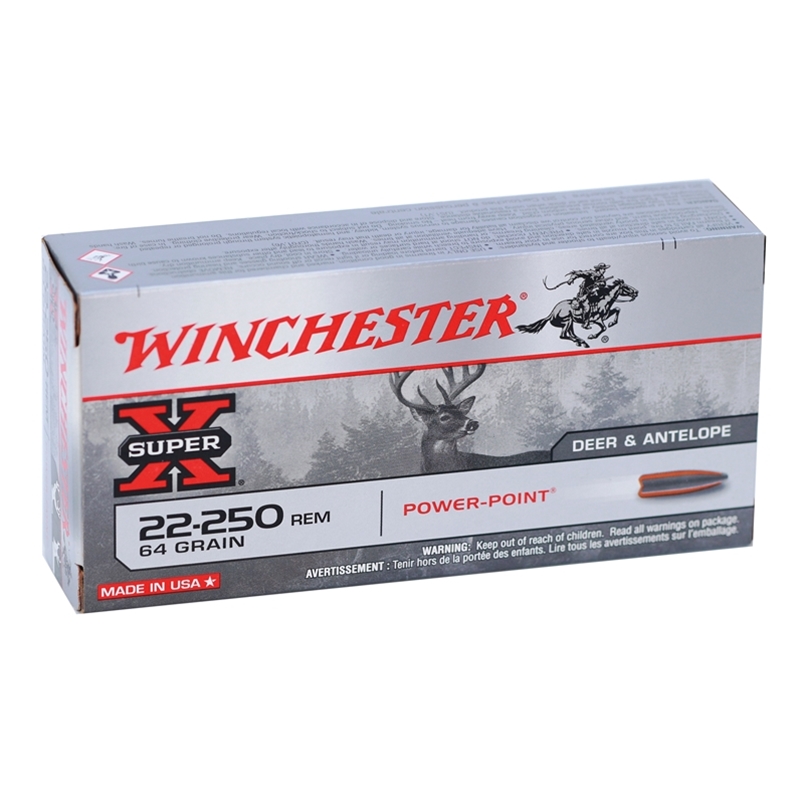 Winchester Super-X 22-250 Remington Ammo 64 Grain Power-Point Ammo - X222502 Box Of 20 X222502 Box Of 20 Ammo
