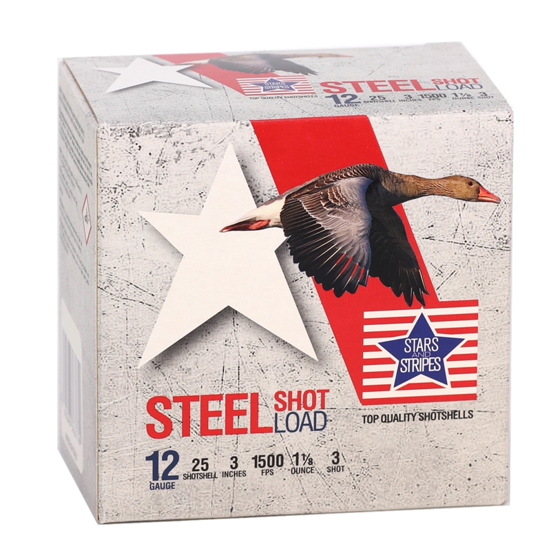 rs And Stripes Steel Load 12 Gauge 3 1 1/8 Oz #3 Shot Box Of 25 Ammo