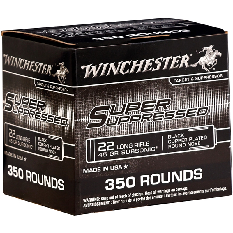 Winchester Super Suppressed 22LR Ammo 45 Grain Black Copper-Plated Round Nose Ammo - SUP22LRB2 Box Of 350 SUP22LRB2 Box Of 350 Ammo