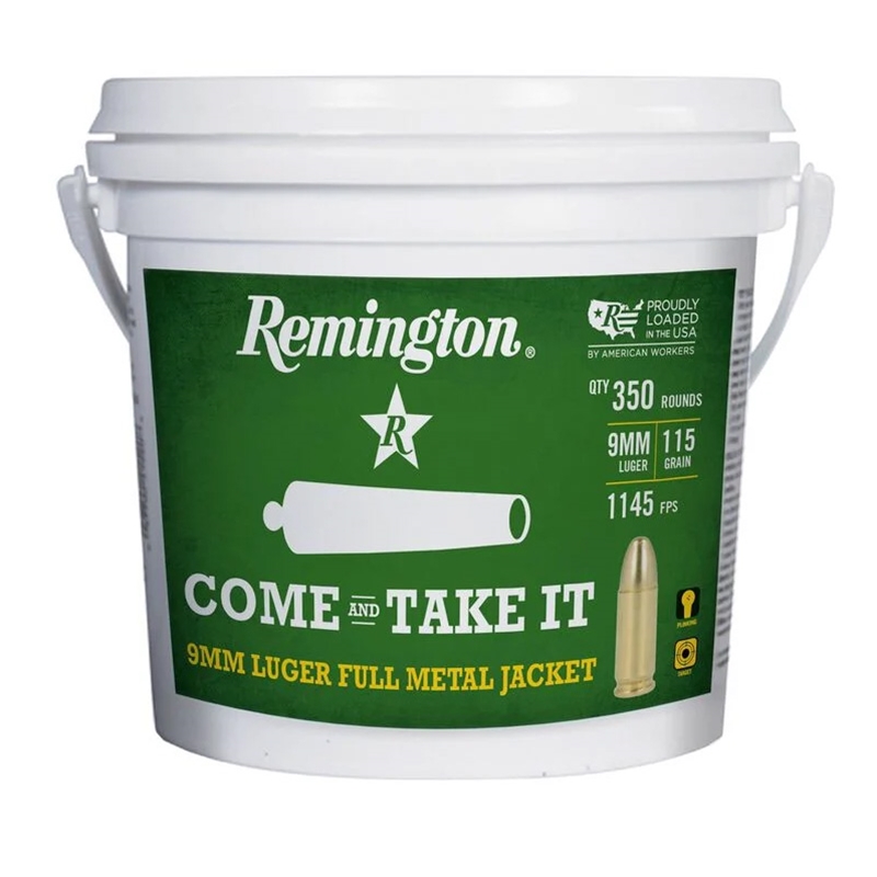 Remington Come And Take It 9mm Ammo 115 Grain Full Metal Jacket Bucket Ammo - R23743 Box Of 350 R23743 Box Of 350 Ammo