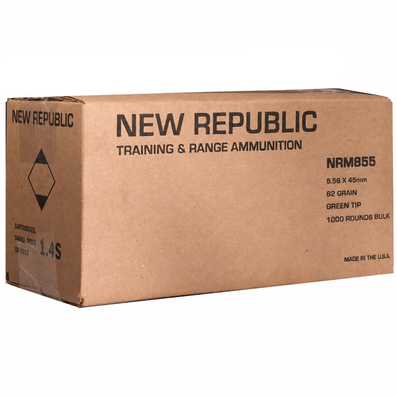 New Republic Training & Range 5.56x45mm Ammo 62 Grain Full Metal Jacket Green Tip Ammo - Bulk NRM855 Case Of 1000 ( 1 Boxes Of 1000) - Bulk NRM855 Case Of 1000 ( 1 Boxes Of 1000) - Ammo
