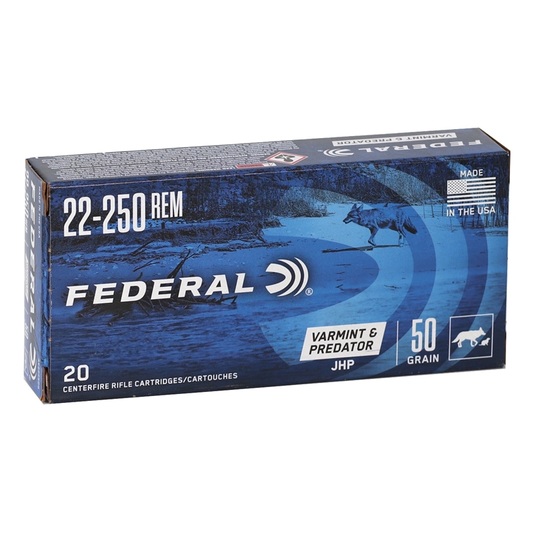 Federal Varmint & Predator 22-250 Remington Ammo 50 Grain Jacketed Hollow Point Ammo - AE22250G Box Of 20 AE22250G Box Of 20 Ammo