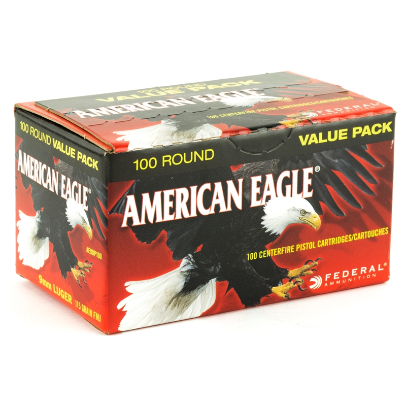 eral American Eagle 9mm Luger 115 Grain Full Metal Jacket Value Pack Box Of 100 Ammo