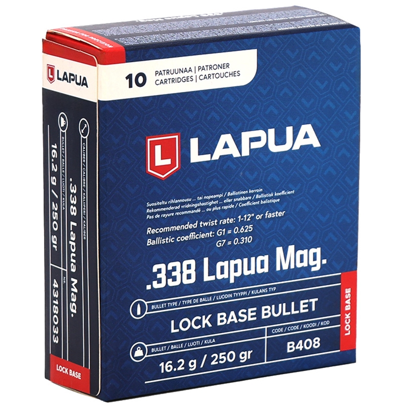 Lapua 338 Lapua Magnum Ammo 250 Grain Full Metal Jacket Boat Tail Lock Base Box Of 10 ua 338 Lapua Magnum 250 Grain Full Metal Jacket Boat Tail Lock Base Box Of 10 Ammo