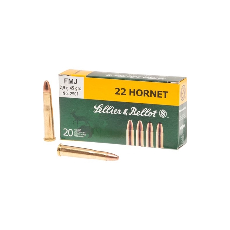 Sellier & Bellot 22 Hornet Ammo 45 Grain Full Metal Jacket Box Of 20 lier & Bellot 22 Hornet 45 Grain Full Metal Jacket Box Of 20 Ammo